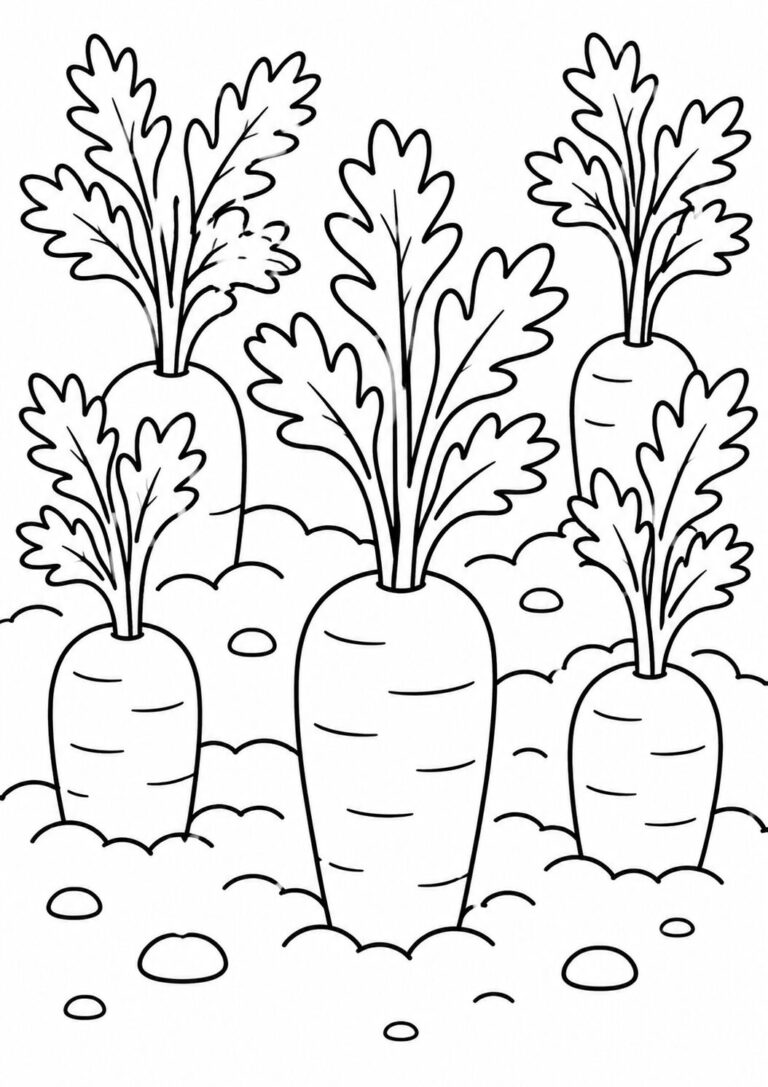 A coloring page showing a garden with five carrots growing from the soil. Each carrot has lush, detailed leaves. The scene is simple yet inviting for children to color in.