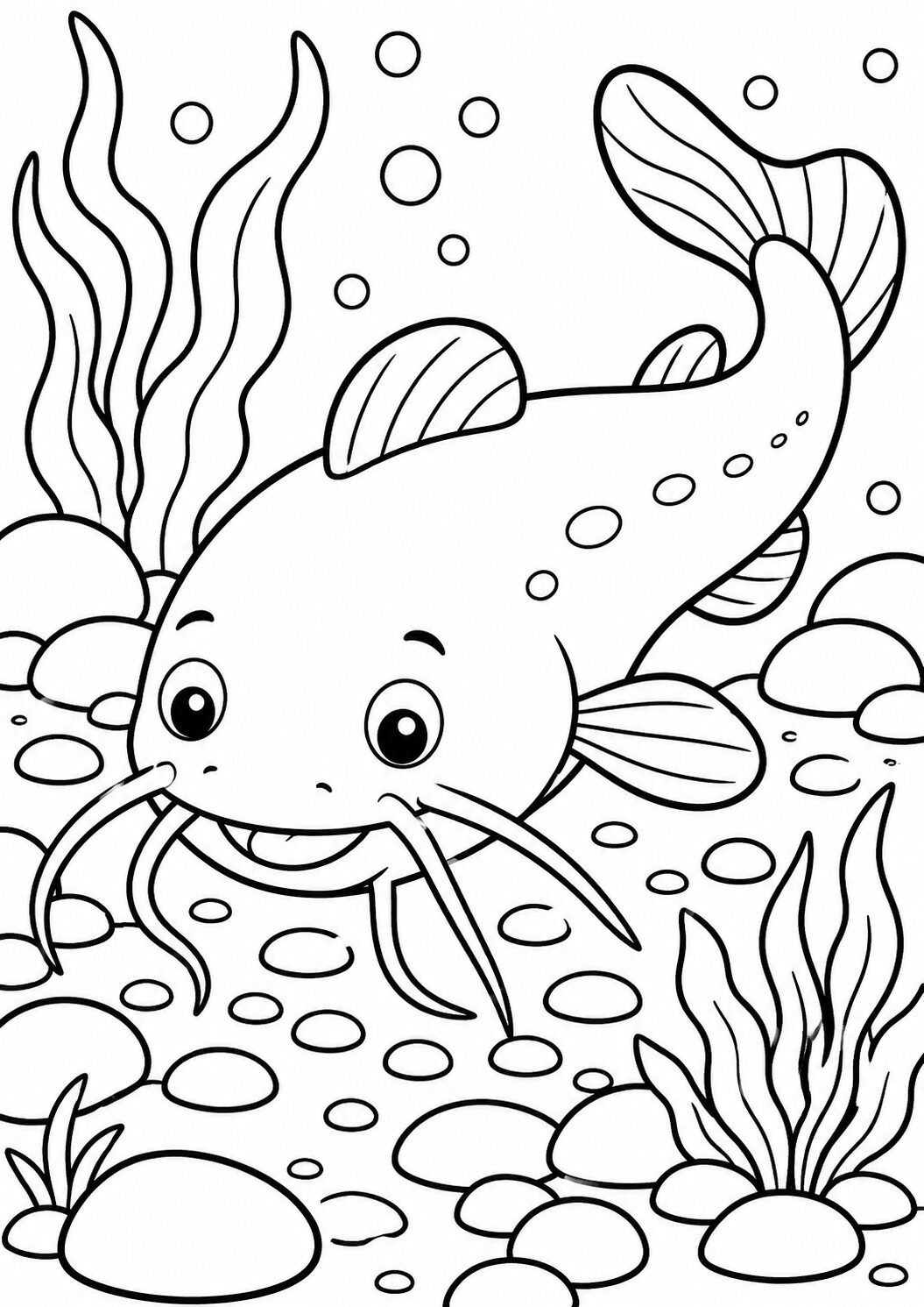 A cute cartoon catfish with big eyes swimming in a playful underwater scene, surrounded by bubbles, aquatic plants, and pebbles, designed as an engaging coloring activity for children.
