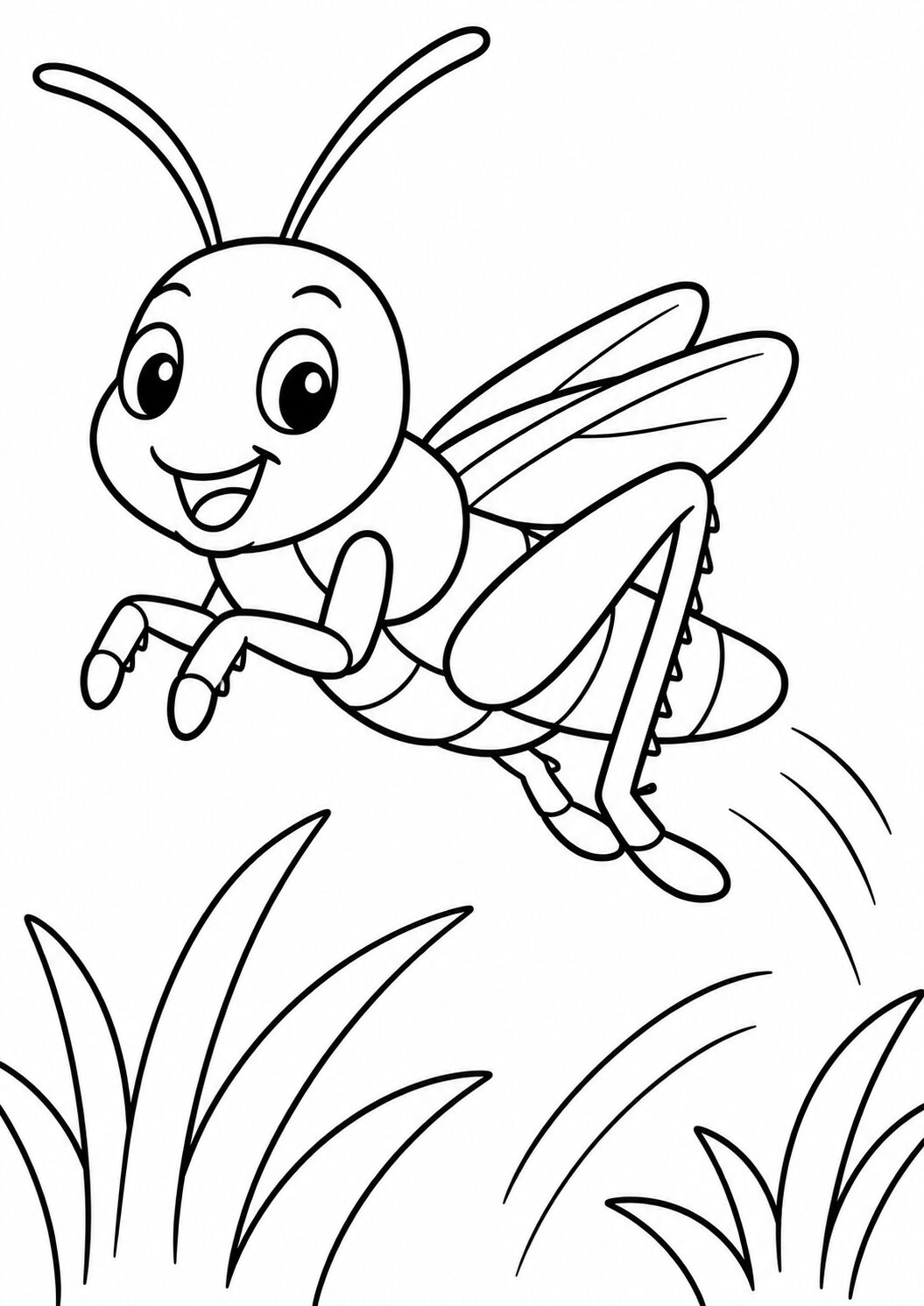A cartoon grasshopper happily leaps over grass, showcasing a cheerful expression. This coloring page is ideal for kids to enjoy and color creatively, enhancing their imaginative abilities.