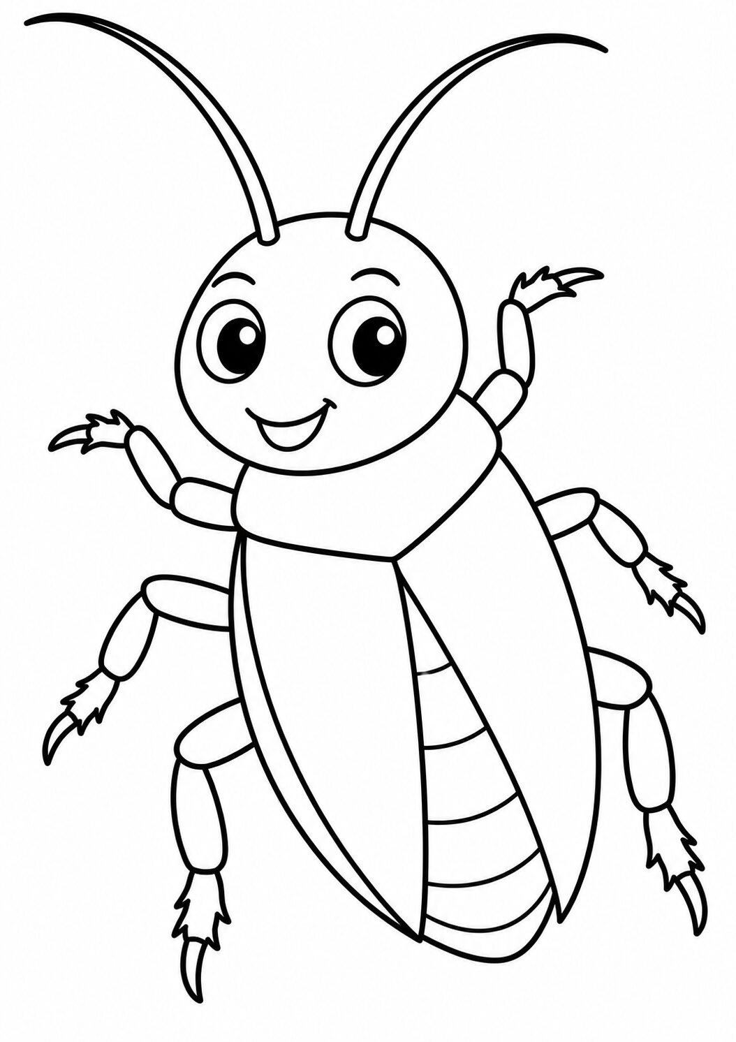 A cheerful cartoon insect with bright eyes and expressive antennae. The insect has six legs and a joyful expression, making it an enjoyable subject for children's coloring exercises.