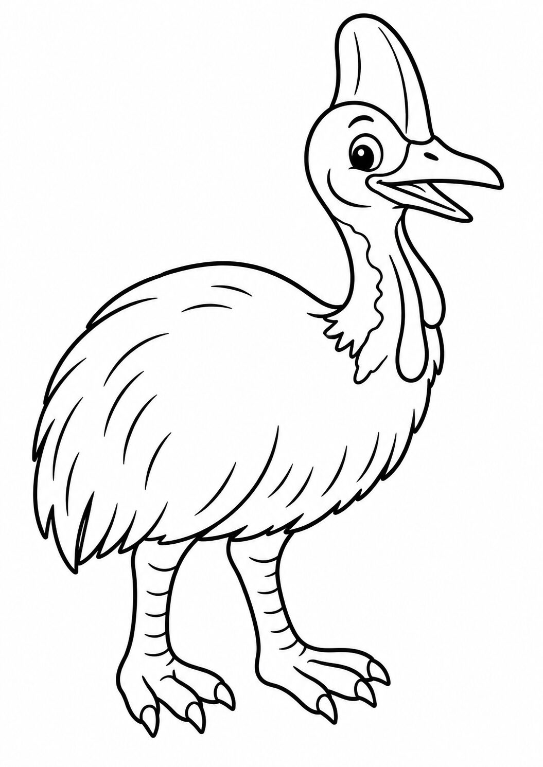 A delightful cassowary coloring page showing a cassowary standing with clear lines for children to color. The simple design encourages creativity and learning about this unique bird.