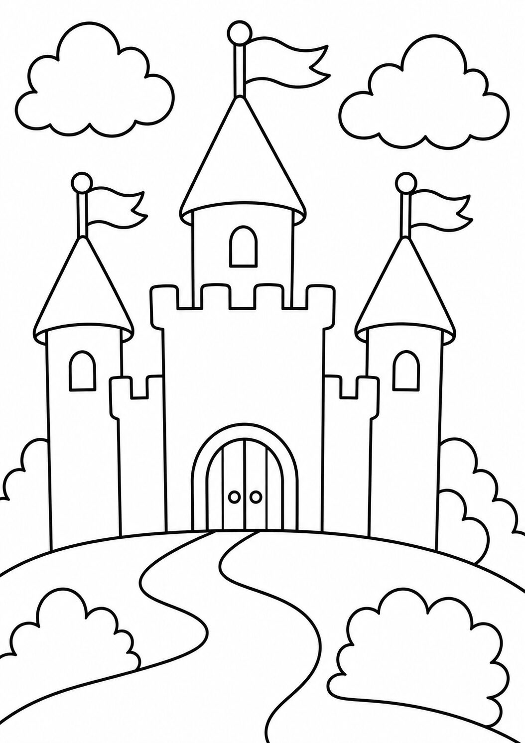 A captivating coloring page depicting a fairy tale castle with three towers, waving flags, a hill, bushes, and clouds. Children can use their creativity to color the castle and its enchanting surroundings.