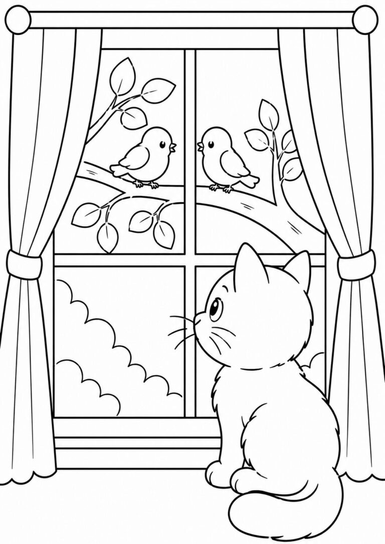 A charming scene of a cat looking through a window at two birds perched on a tree branch, providing an engaging coloring experience for children.