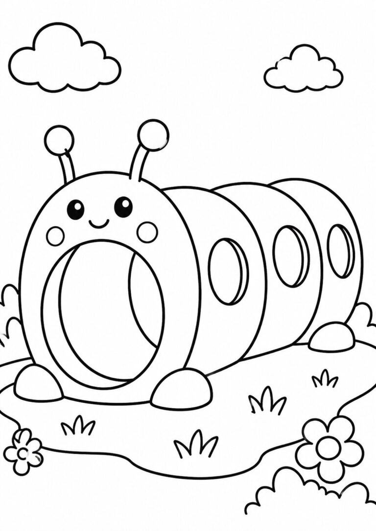 A cute caterpillar playground with a smiling face, surrounded by clouds and flowers, creating a fun and engaging coloring activity for kids.