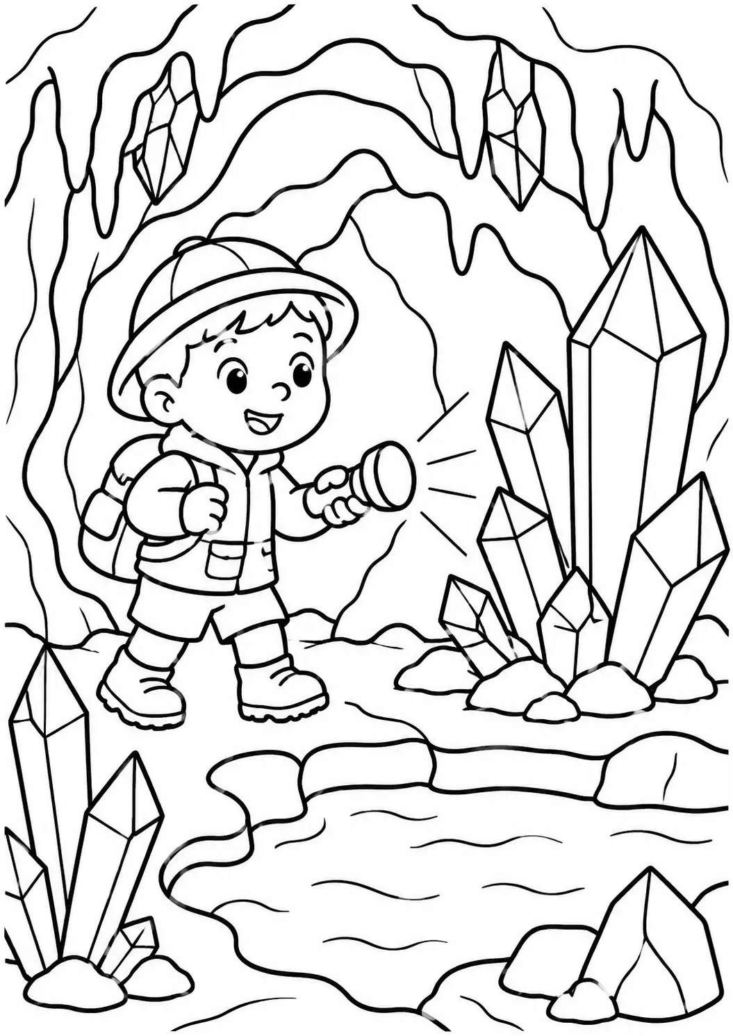 A young explorer in a crystal-filled cave holding a flashlight. The scene captures adventure and discovery, with stunning crystals and a small pond adorning the cave interior. Ideal for children's imagination.