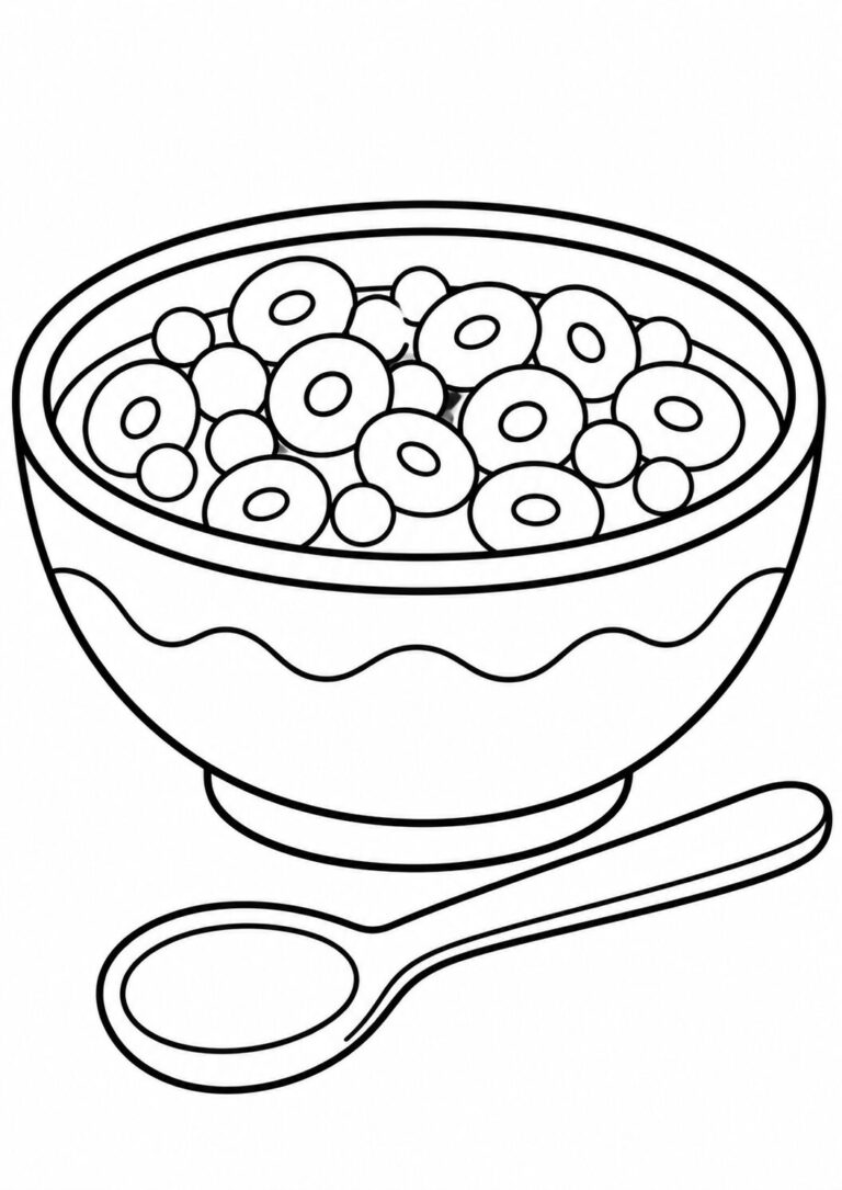 A fun coloring page of a cereal bowl filled with circular cereal pieces and a spoon, designed for children to color using various hues.