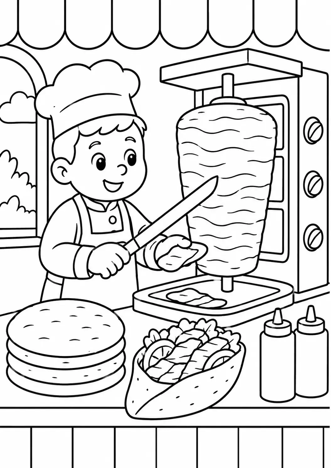A cheerful chef stands slicing meat from a spit in a kitchen setting. Children can color the chef, the food items, and the surrounding elements to create a lively and vibrant scene.