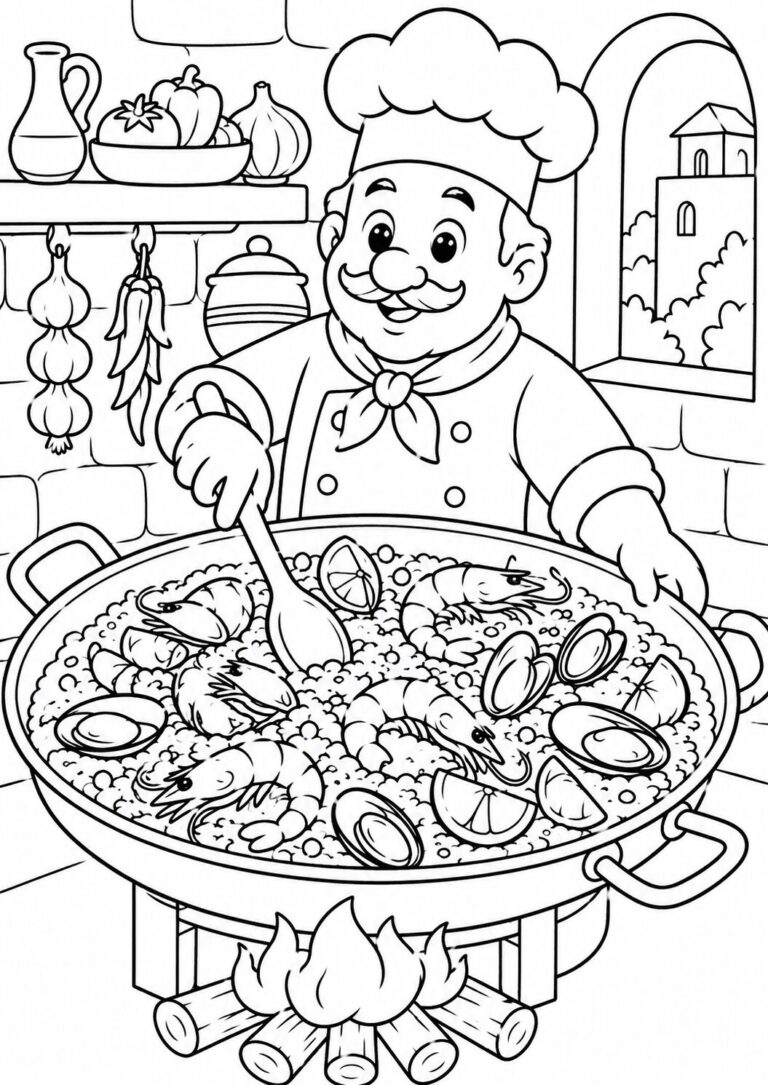 A cheerful chef cooks paella in a large pan filled with shrimp, clams, and vibrant vegetables. The scene includes a rustic kitchen with garlic and chili hanging and a window showing a scenic view. This coloring page invites children to bring life to the festive culinary artwork.