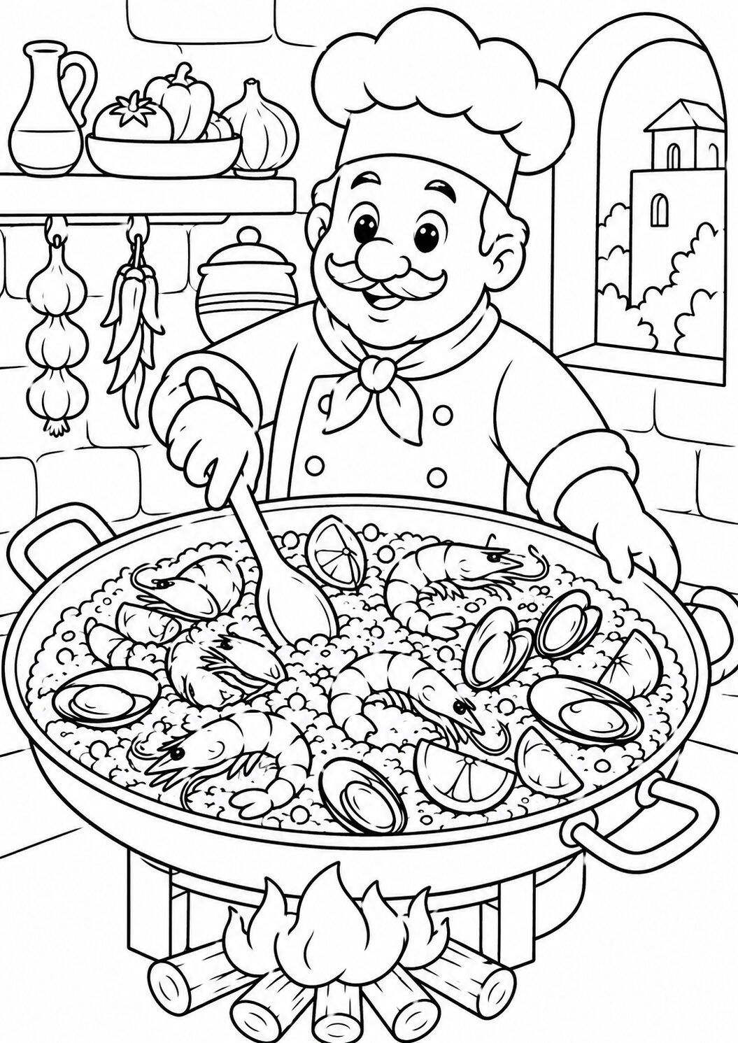 A cheerful chef cooks paella in a large pan filled with shrimp, clams, and vibrant vegetables. The scene includes a rustic kitchen with garlic and chili hanging and a window showing a scenic view. This coloring page invites children to bring life to the festive culinary artwork.