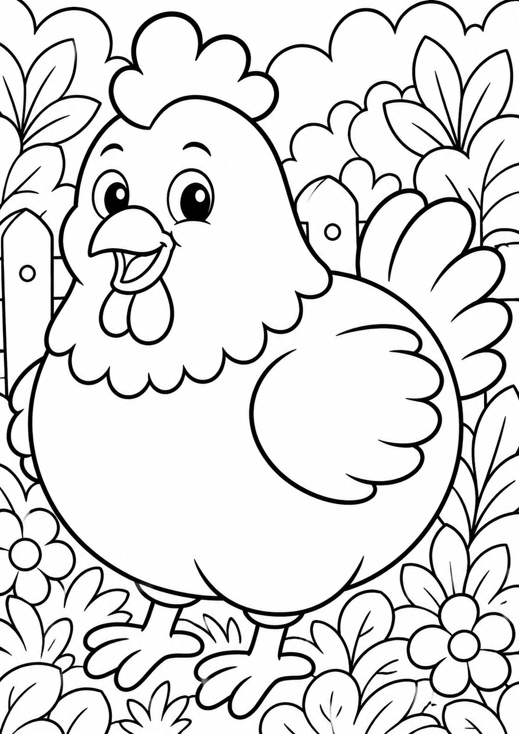 A cheerful chicken surrounded by flowers and plants with a picket fence and clouds, inviting children to color.