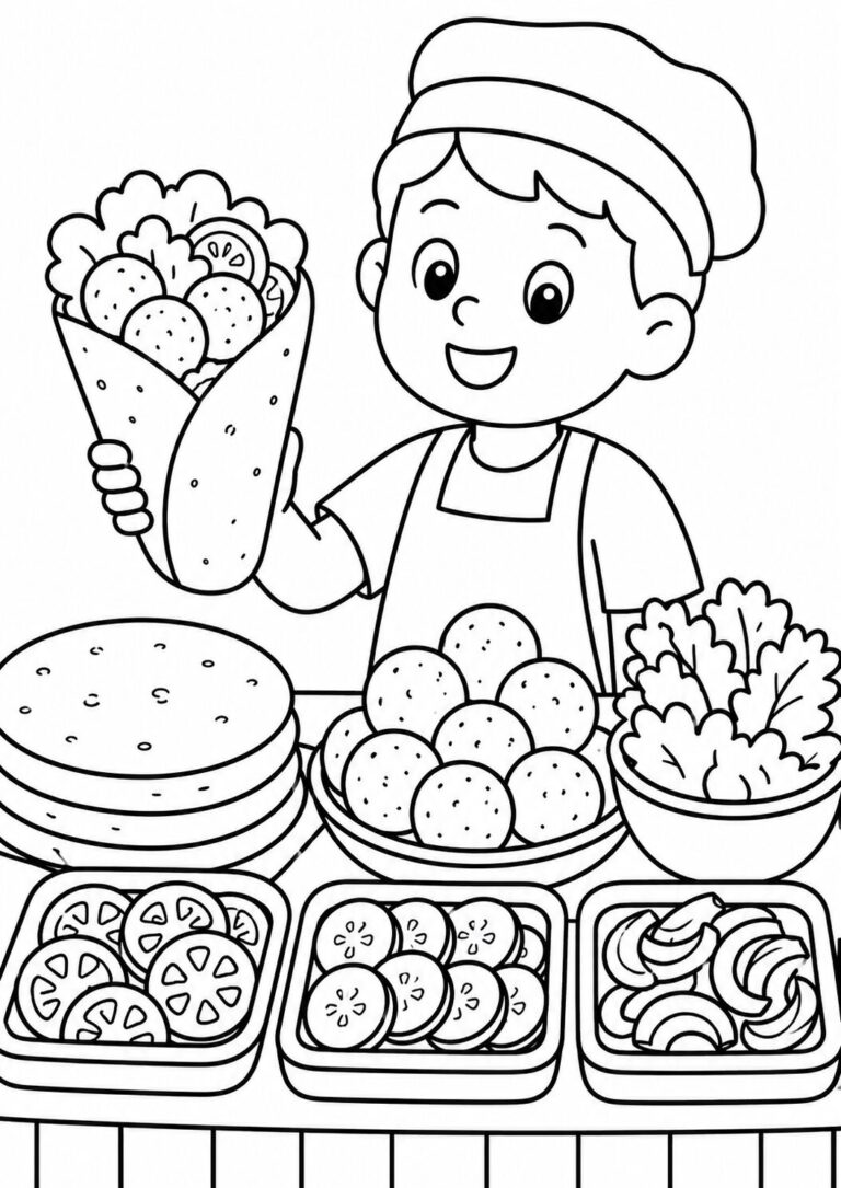 A happy child chef holds a wrap amidst plates of ingredients. Vegetables like cucumbers and tomatoes surround the chef, offering a colorful kitchen scene ideal for children's creative coloring activities.