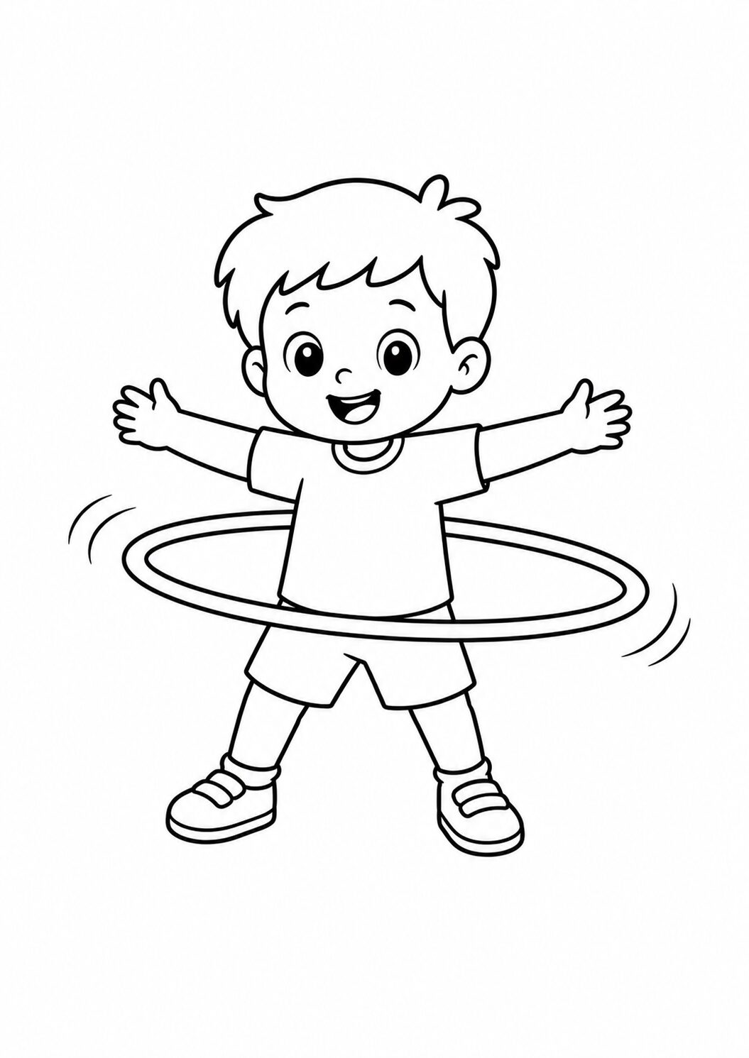 A delightful coloring page showing a cheerful child with a hula hoop. The child stands with open arms and a happy expression, inviting kids to enjoy coloring this playful and creative scene.