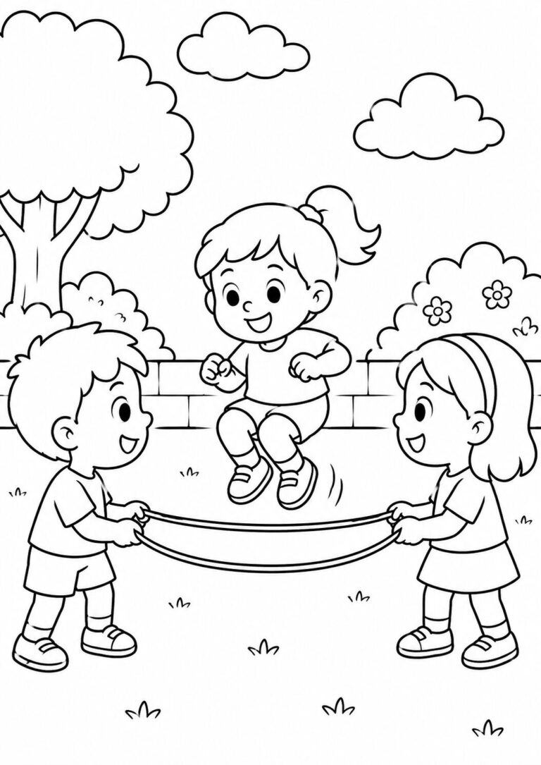 This coloring page shows children playing with a skipping rope in a playground filled with trees, bushes, and clouds. Children are joyfully engaged in a fun, outdoor activity, capturing a scene perfect for coloring.