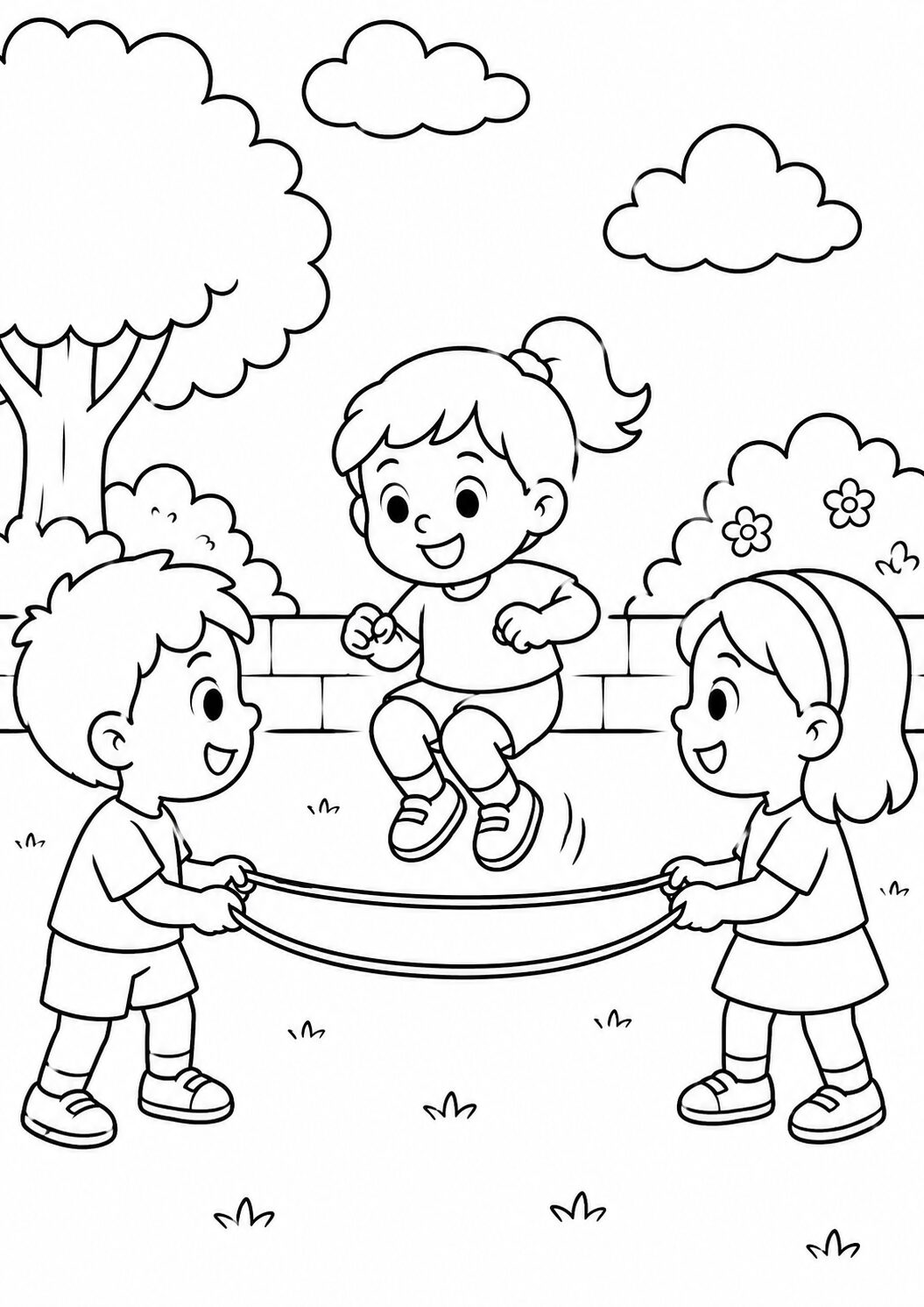 This coloring page shows children playing with a skipping rope in a playground filled with trees, bushes, and clouds. Children are joyfully engaged in a fun, outdoor activity, capturing a scene perfect for coloring.