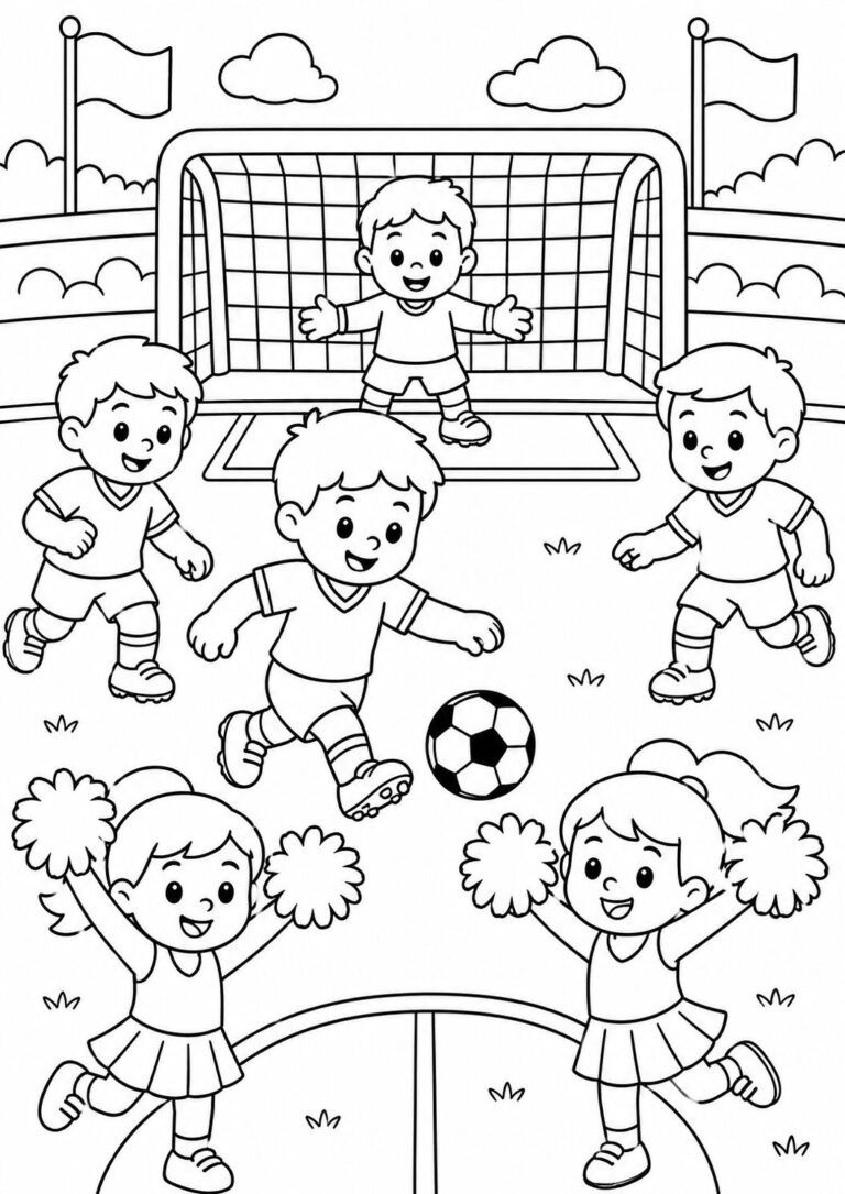 Children passionately playing soccer, aiming for the goal, while two cheerleaders encourage them with pom-poms in a vibrant outdoor setting.