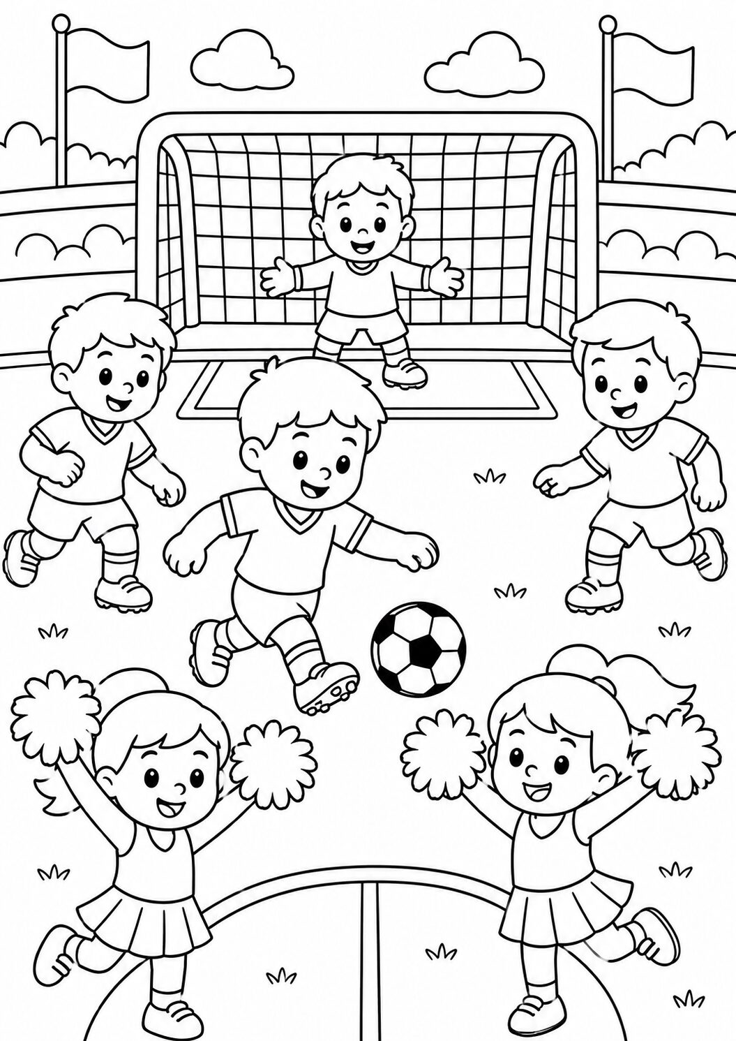 Children passionately playing soccer, aiming for the goal, while two cheerleaders encourage them with pom-poms in a vibrant outdoor setting.