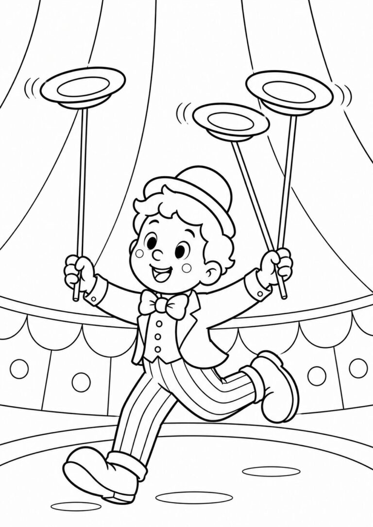 A joyful circus performer juggles plates in a vibrant tent scene. Children can color the performer's outfit, including a bow tie and striped pants, to enhance the lively atmosphere.