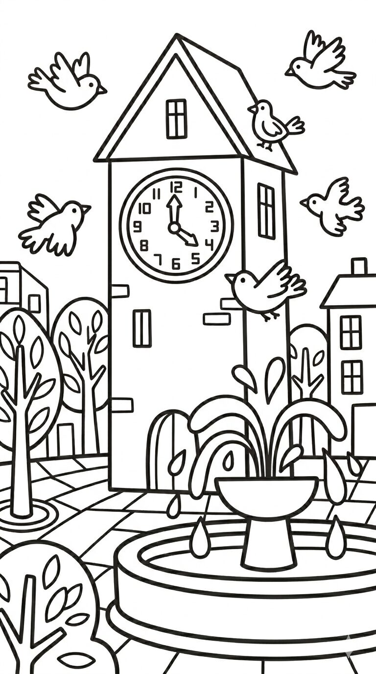 A delightful children's coloring page featuring a quaint clock tower amidst a charming scene with birds in flight and a central fountain, ideal for kids to color and enjoy.