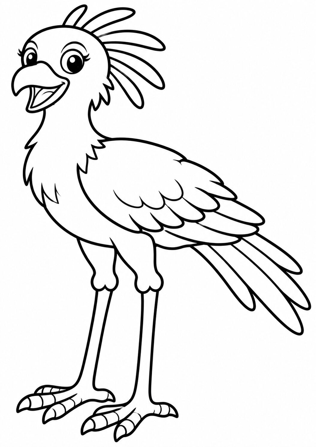 A charming coloring page of a bird with a vibrant crest and large eyes, allowing children to experiment with colors and enhance creativity.