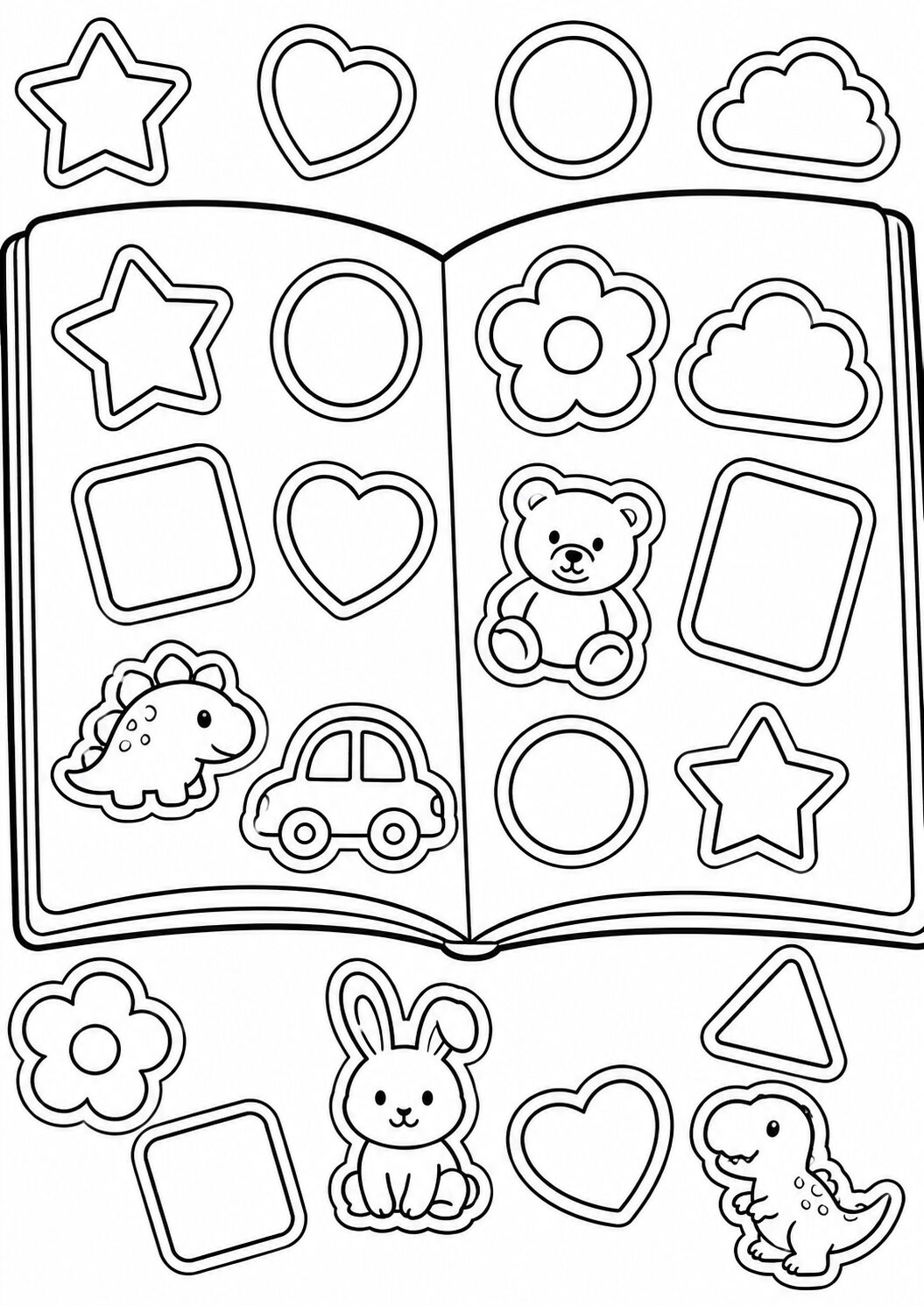 Coloring page with shapes like stars, circles, and hearts alongside cute characters including a teddy bear, bunny, dinosaur, and car. Ideal for children to color and enjoy.