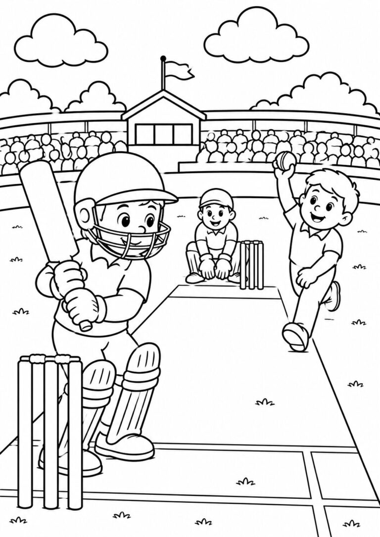 A cricket match scene on a children's coloring page featuring a batsman, bowler, and wicketkeeper on a field, surrounded by a crowded stadium and cheery skies above.