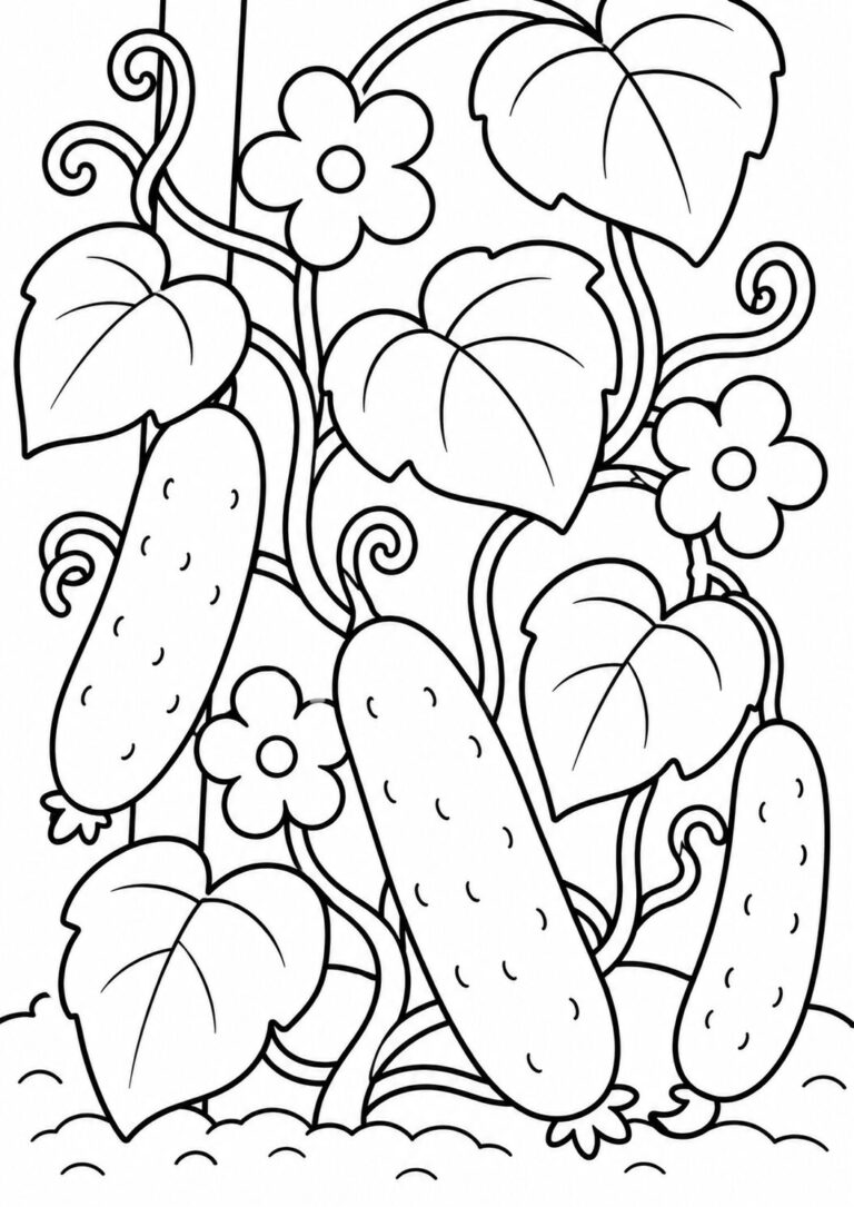 Children's coloring page featuring cucumbers on a vine, complete with large leaves and vibrant flowers. Ideal for kids to explore different colors and enhance creativity while learning about plants.