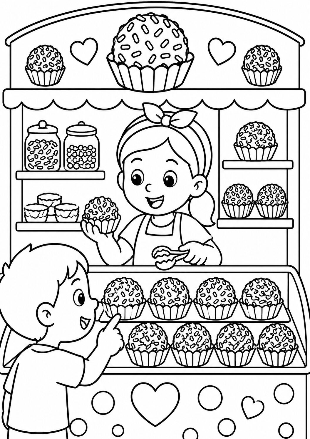 A charming coloring page featuring a cupcake stand with a young vendor and a child customer. The scene includes cupcakes with sprinkles, jars of sweets on shelves, and decorative elements like hearts and polka dots, creating an inviting atmosphere for children to color.