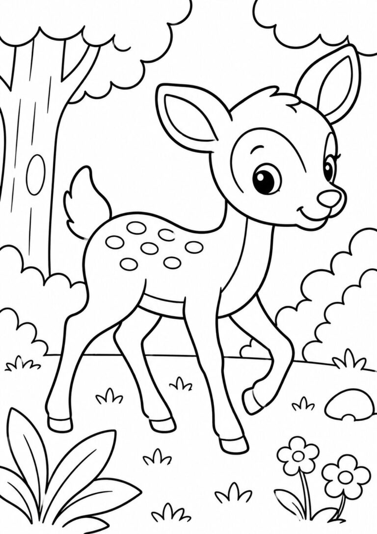 Coloring page of a cute baby deer standing in a lush forest surrounded by trees, plants, and flowers. Perfect for children who enjoy animal-themed activities.