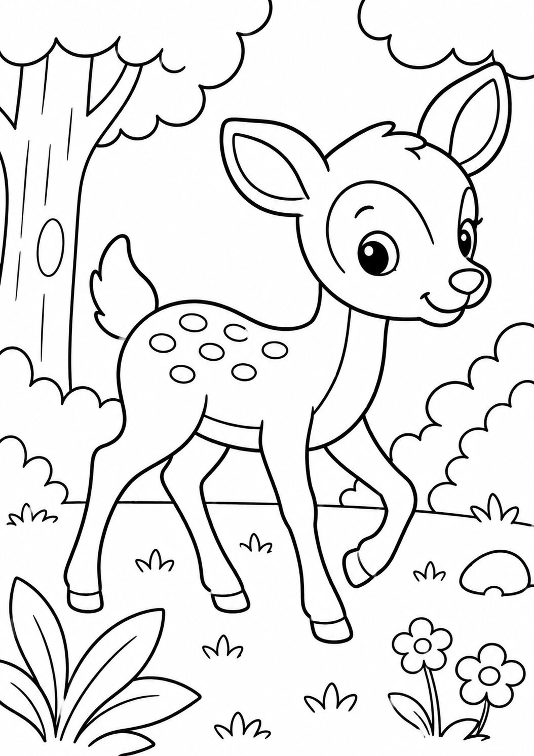 Coloring page of a cute baby deer standing in a lush forest surrounded by trees, plants, and flowers. Perfect for children who enjoy animal-themed activities.