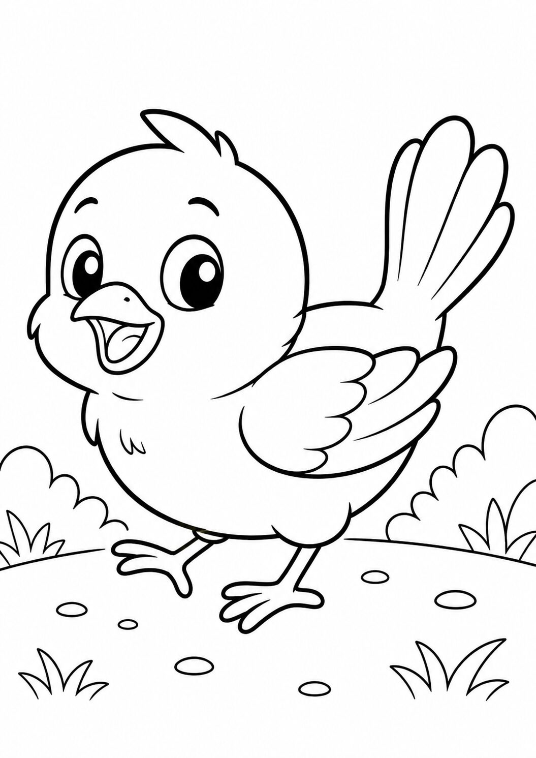 A charming coloring page featuring a cute bird with a happy expression, surrounded by grass and small bushes. Simple shapes make it ideal for children to color easily.