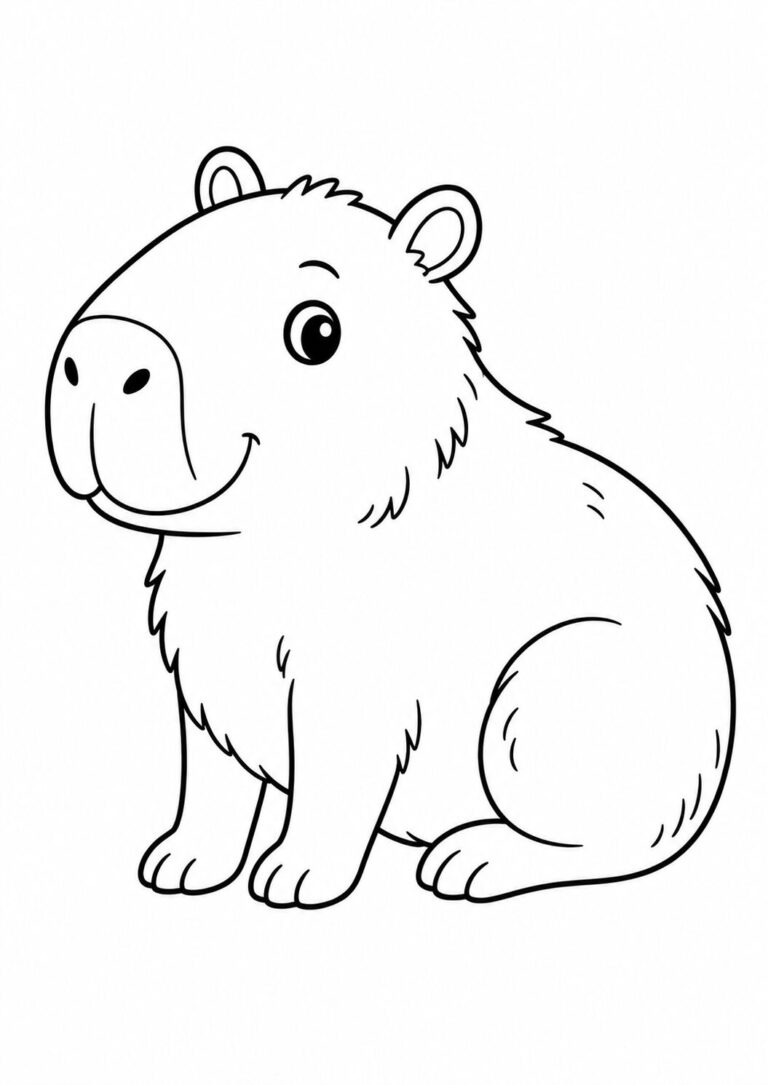 A cute capybara coloring page for kids. It shows an outlined, smiling capybara ready for children to color. Perfect for teaching kids about animals and engaging them in a creative activity.