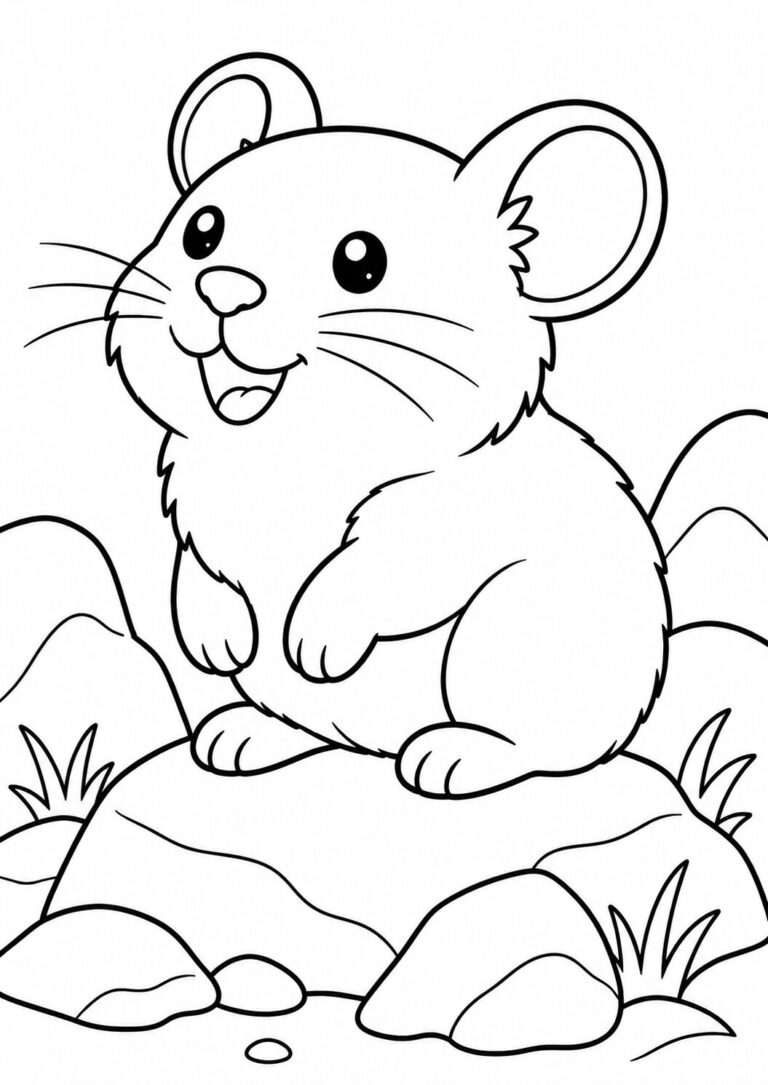 A coloring page showing a cute cartoon mouse with big eyes sitting on a rock in a grassy landscape. It's ideal for children to color and create their own imaginative artwork.