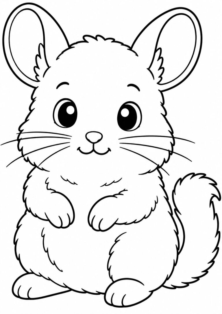 A children's coloring page of a cute chinchilla with big eyes, fluffy fur, and a friendly expression. This simple illustration allows kids to color and bring life to the adorable animal.