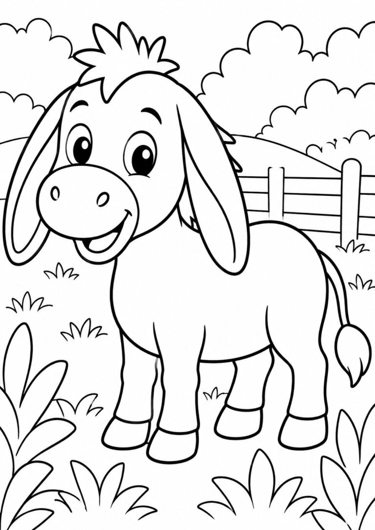 A cute donkey stands happily in a grassy field with a wooden fence behind, providing a joyful coloring experience for children.