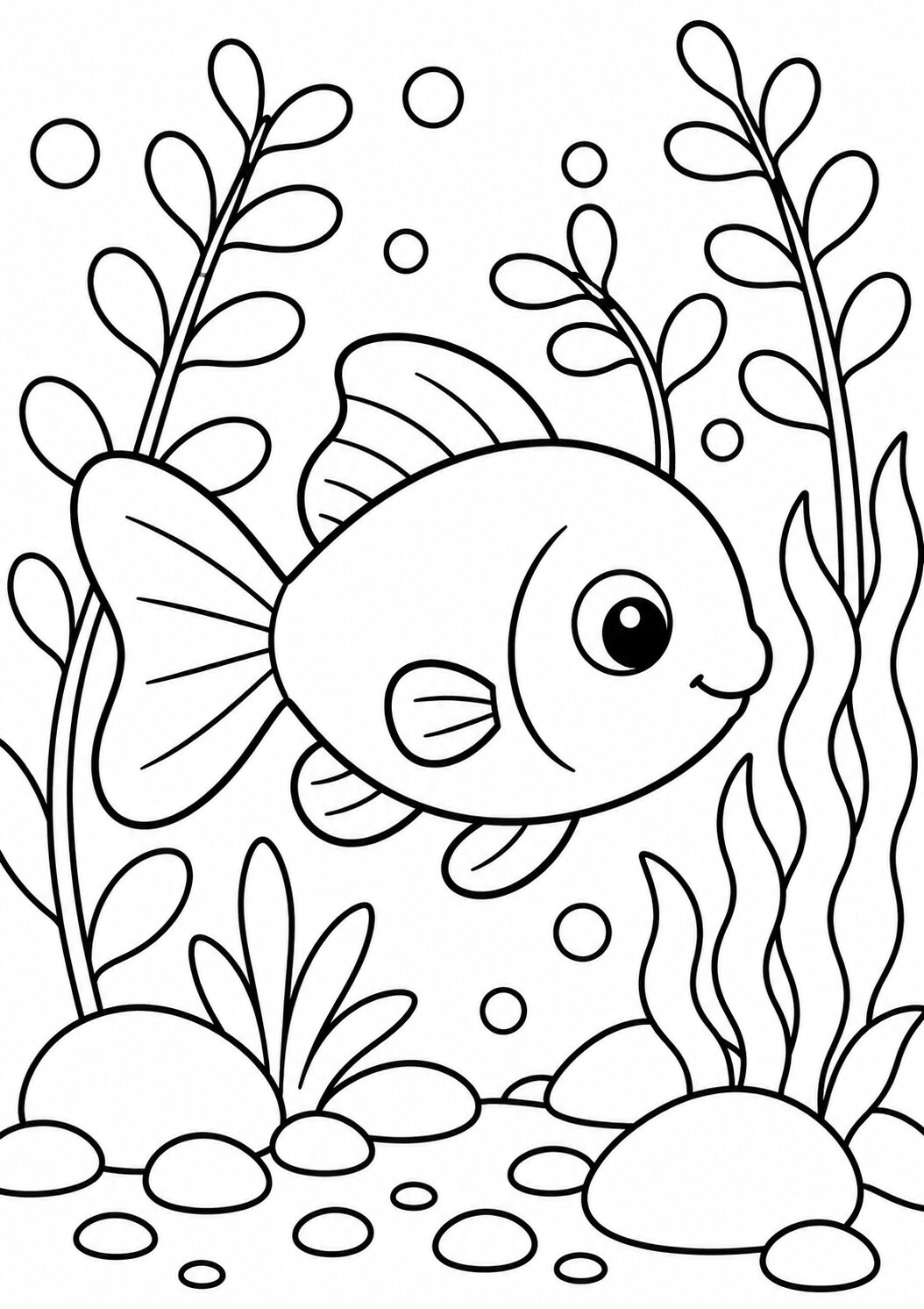 A charming fish is depicted swimming amidst seaweed, providing a fun and engaging coloring opportunity for children to explore aquatic themes using their creativity.