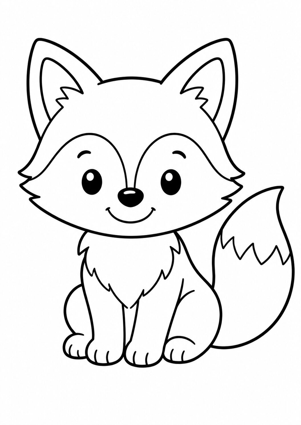 A coloring page of a cute fox with a big smile, fluffy tail, and alert ears. Perfect for children to color and enjoy while enhancing creativity.