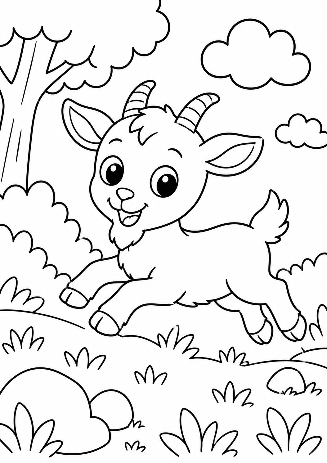 A delightful coloring page showing a cute goat leaping joyfully in a scenic meadow, complete with fluffy clouds and greenery, perfect for children to color and enjoy.