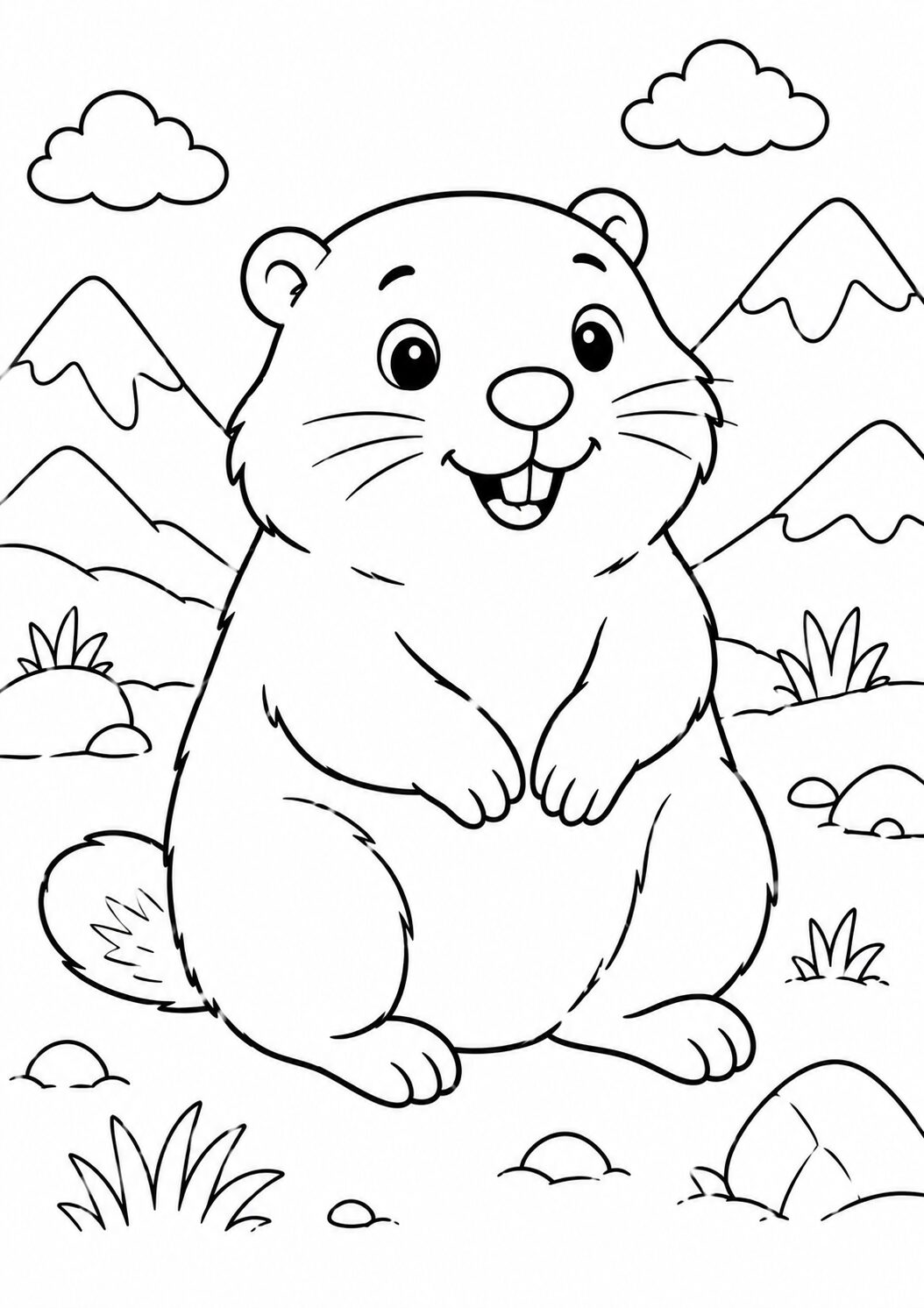 A cute groundhog sitting happily with a lively expression, surrounded by mountains and clouds, provides a delightful scene for children to color.