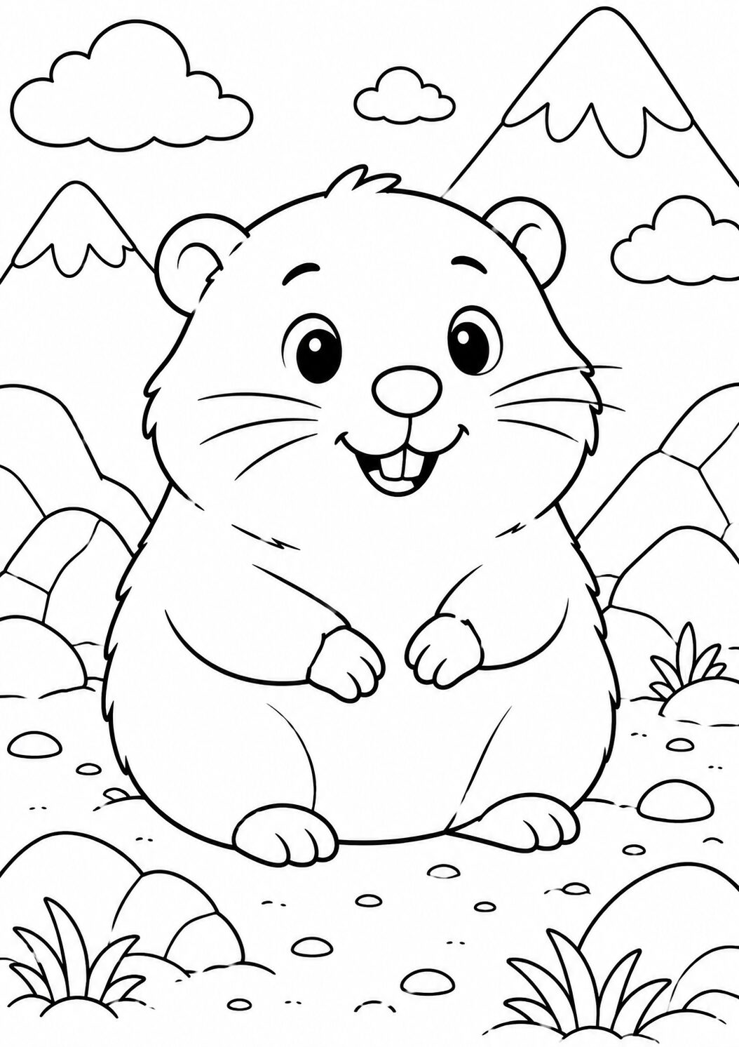 A charming coloring page of a cute hamster with big eyes, surrounded by mountains and clouds, providing a delightful scene for children to color and enjoy creativity.