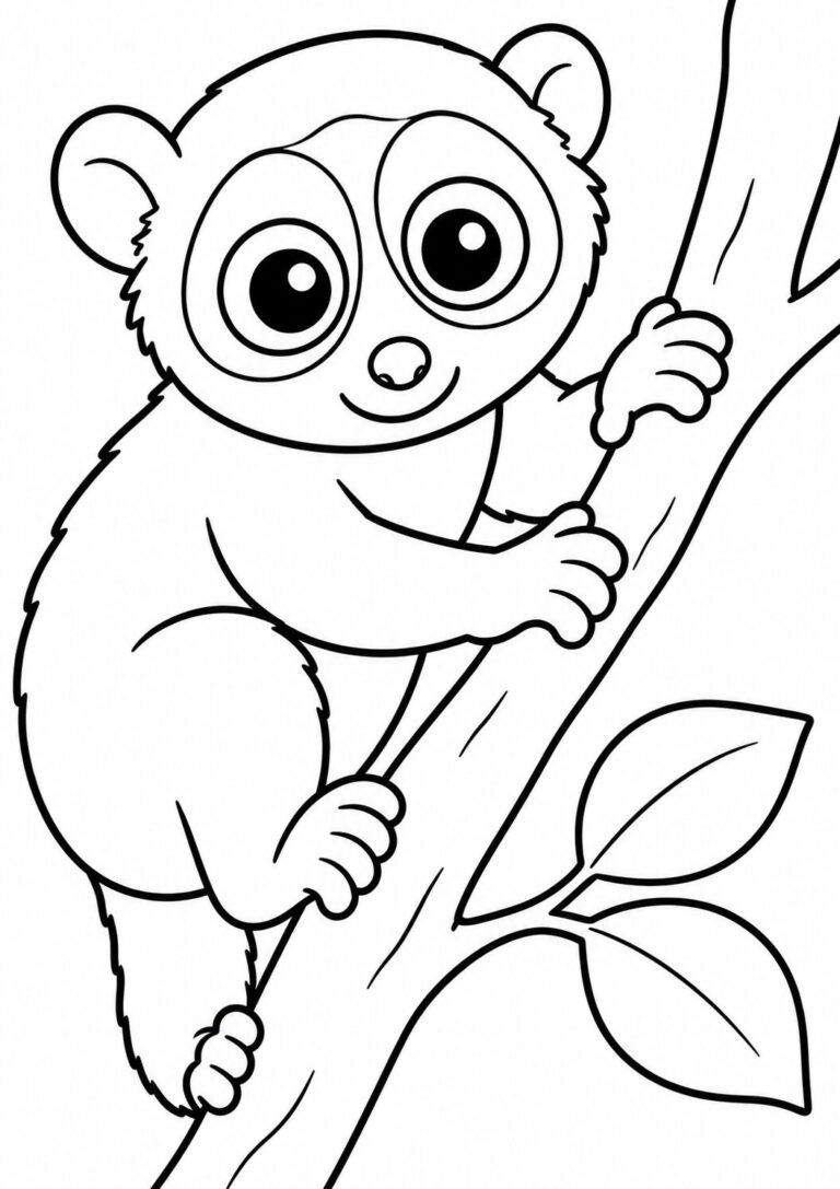 A cute lemur with big eyes is clinging to a tree branch. It's a fun and engaging coloring page for kids who love animals, allowing them to explore creativity and learn about wildlife.