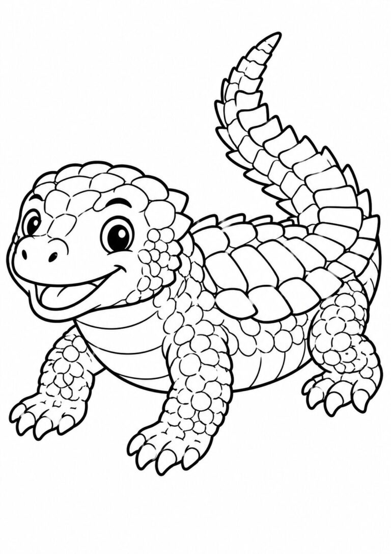 An adorable cartoon lizard with a wide smile and detailed scales. Ideal for children's coloring, this playful animal image encourages creativity and fun.