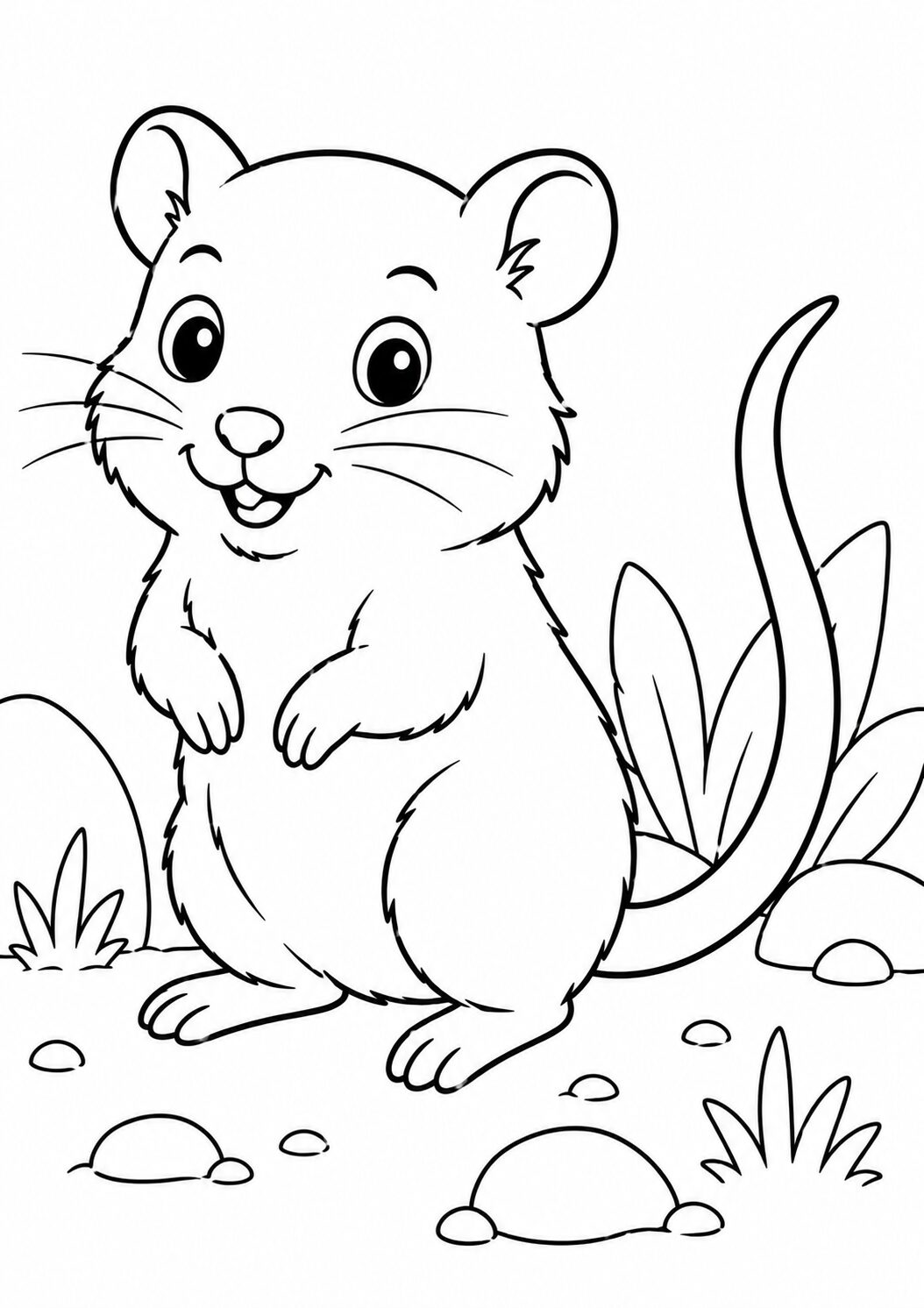 A delightful coloring page showcasing a cute mouse with big eyes and a friendly smile. The mouse is standing among rocks and grass, providing a simple and engaging scene for children to color in.