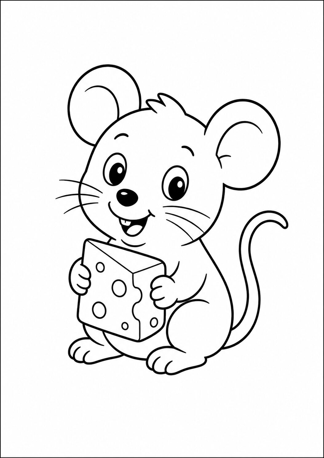 A cartoon-style cute mouse holding cheese, highlighted in a black and white outline, ready for children to color and enjoy a fun art activity.