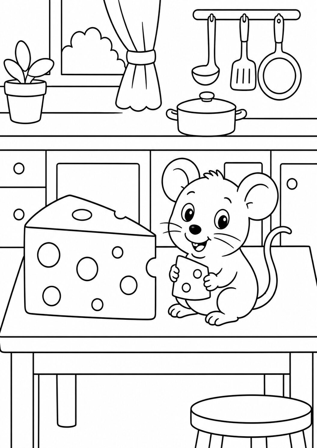 A cute mouse sitting in a kitchen scene with a large piece of cheese on a table. The background includes a window with curtains and kitchen utensils hanging, ready for children to color.