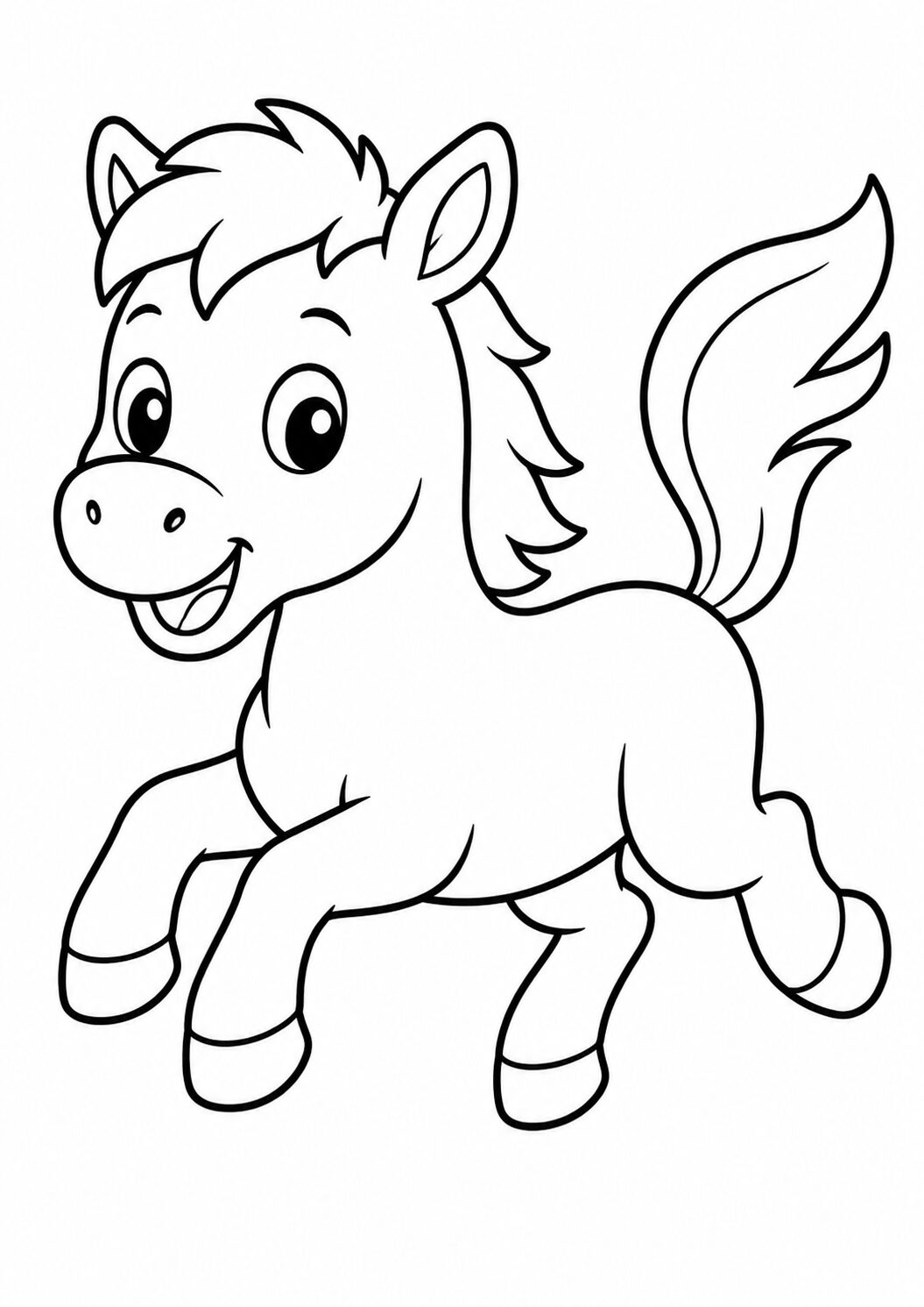 A cute pony with a joyful expression on a children's coloring page, perfect for coloring fun. Kids can enjoy bringing this cheerful animal to life with their favorite colors, enhancing their creativity and motor skills.