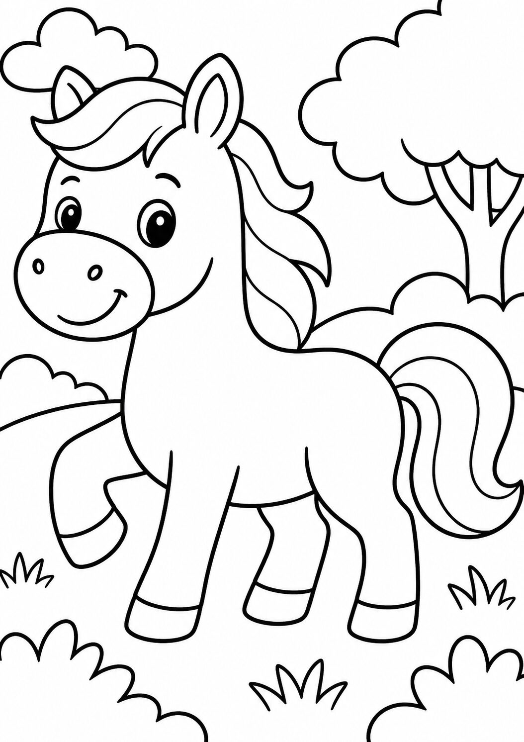 A coloring page of a cute pony with a friendly face standing happily in a meadow full of clouds and trees, ready for kids to color and enjoy.