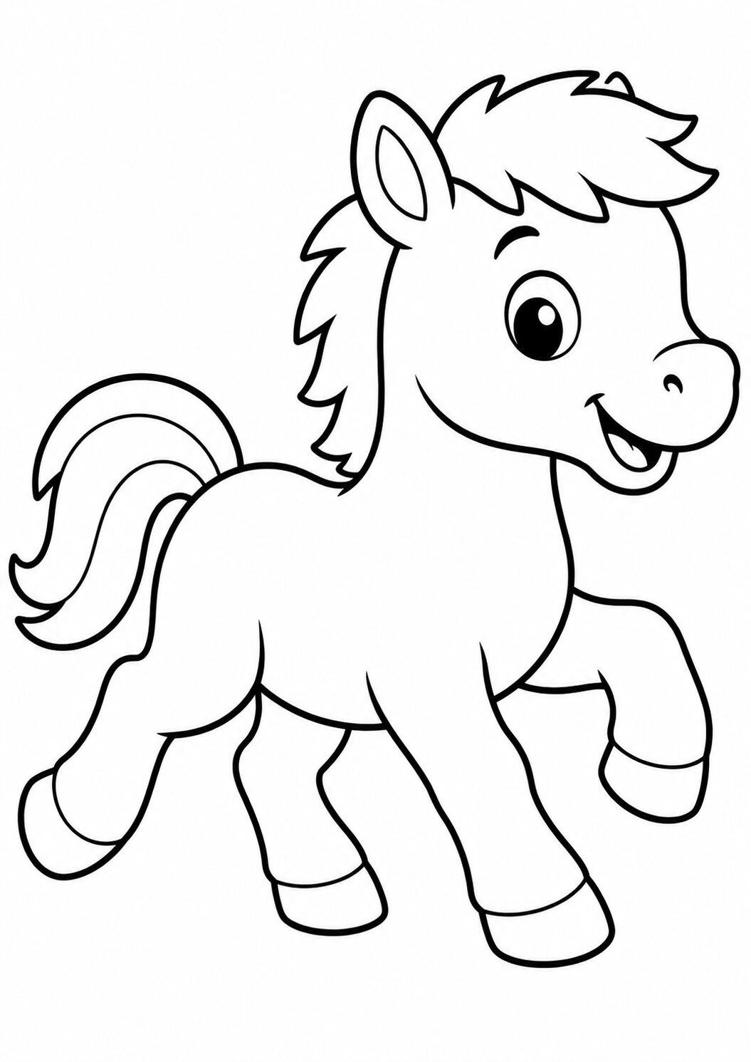 A cute and playful pony in an animated stance, suitable for a children's coloring page. Its cheerful appearance invites kids to use their favorite colors to fill in the image.