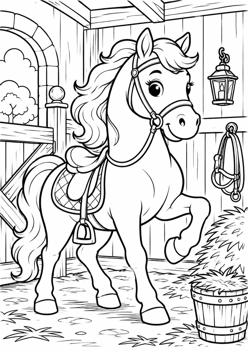 A coloring page of a cute pony standing in a stable with a saddle and bridle, surrounded by barn elements like a window, lantern, and hay bucket, inviting children to color and enjoy.
