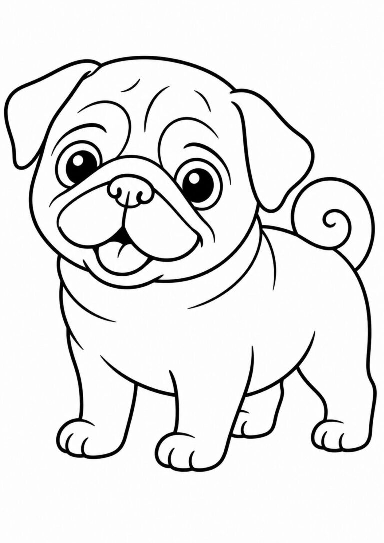 A charming coloring page showcasing a cute pug with expressive eyes and a curly tail. Designed for children, this simple outline encourages creativity and fun.