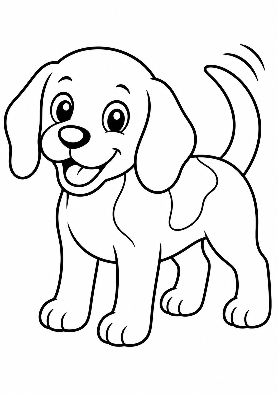 A delightful coloring page of a cute puppy with big eyes and a wagging tail. Suitable for young artists, this page offers a fun and creative activity for children who are fond of animals.